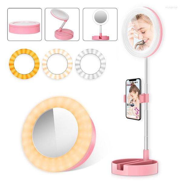 Espejos compactos de maquillaje espejo led anillo lámpara selfie selfie con clip de teléfono para videos de youtube