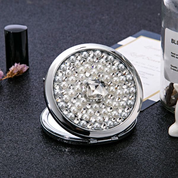 Miroirs compacts Mini Poche Cosmétique Maquillage Miroir En Gros Party Favors Cadeau De Noël Perle Cristal Pliable Loupe 230520