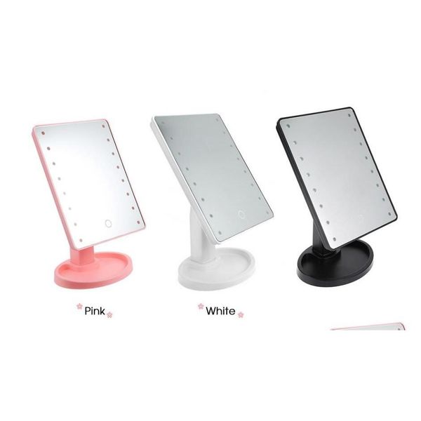 Espejos compactos Nuevo espejo de maquillaje de pantalla táctil de rotación de 360 grados con 16/22 luces LED Mesa de tocador profesional Maquillaje de escritorio Drop Otgkq