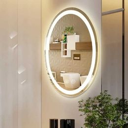 Compact spiegels ovale led badkameraankaptafel make -up spiegel - intelligente muur gemonteerde anti mist dimable 3 licht instelling frameloze aanraakknop Q240509
