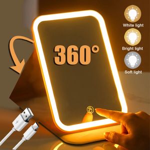 Espejos compactos Espejo LED plegable portátil 360 dormitorio tocador escritorio espejos de viaje herramientas de maquillaje para mujeres maquillaje Miroir con iluminación 231018