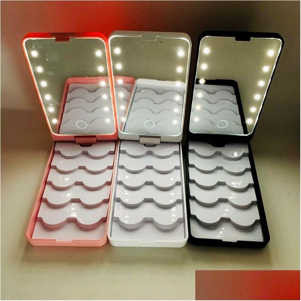 Miroirs compacts Miroir de maquillage léger LED Portable avec coiffure Étui organisateur pliant Touch Sn 5 paires Cils de cils Boîte de rangement Dhsti