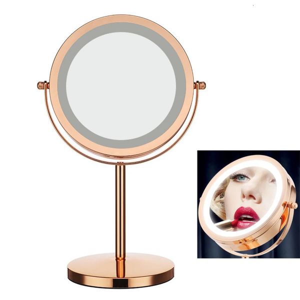 Miroirs compacts Miroir de maquillage LED en or rose 2 visages 5X grossissant écran tactile lumières miroir salle de bain maquillage cosmétique vanité 360 miroir rotatif 231113