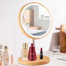 Compacte spiegels Drie licht afneembare houten LED-make-upspiegel Touchscreenspiegel Desktop Make-up Cosmetische spiegel Tafellamp USB Oplaadbaar 2 231018