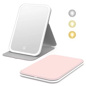 Miroirs compacts Miroir de maquillage de voyage avec lumière LED miroir de vanité rechargeable bureau miroir cosmétique pliant 3 couleurs LED lumière de miroir pour le maquillage 231102