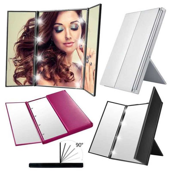 Miroirs compacts Triple Pliage Makeup Mirror Cadeau portable LED de bureau Portable Q240509