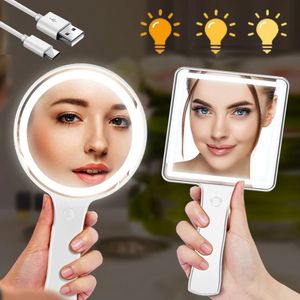 Miroirs compacts Miroir de maquillage USB avec lumière LED miroirs à main compacts avec poignée vanité ronde Portable voyage maquillage intelligent écran tactile Miroir 231116