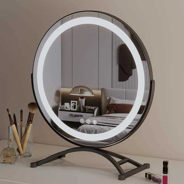 Miroirs compacts Vanity Mirror Makeup Luxury Round Desktop / Desktop avec lumières LED 3 couleurs de mode d'éclairage dimmable cadeau d'anniversaire Q240509