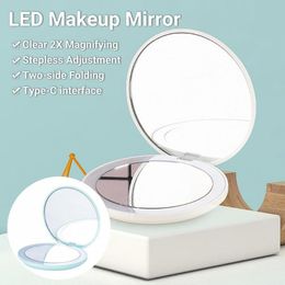 Espejos compactos Espejo de tocador Elegante Luminoso Plegable Tipo-C Maquillaje Mini Iluminado LED Bolsillo Cosmético Espejo Compacto Compacto