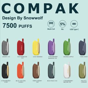 COMPAK Design By Snowwolf Original 7500 Rookwolken Wegwerpvape Bladerdeeg Vapes Wegwerpbladerdeeg 5% E-sigaret 650 mAh Type-C Mesh Coil 12 Fruitaroma's