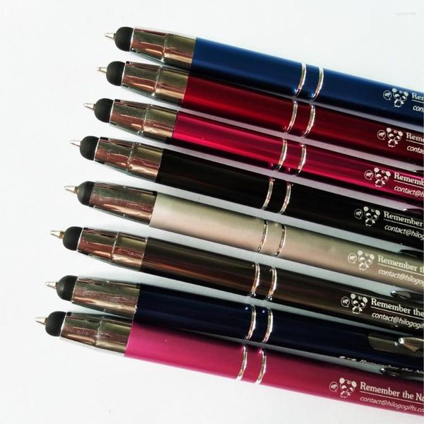 Regalos de eventos de la empresa Bonito logotipo Stylus bolígrafos personalizados gratis con el texto de su marca personalizado en el cuerpo del bolígrafo