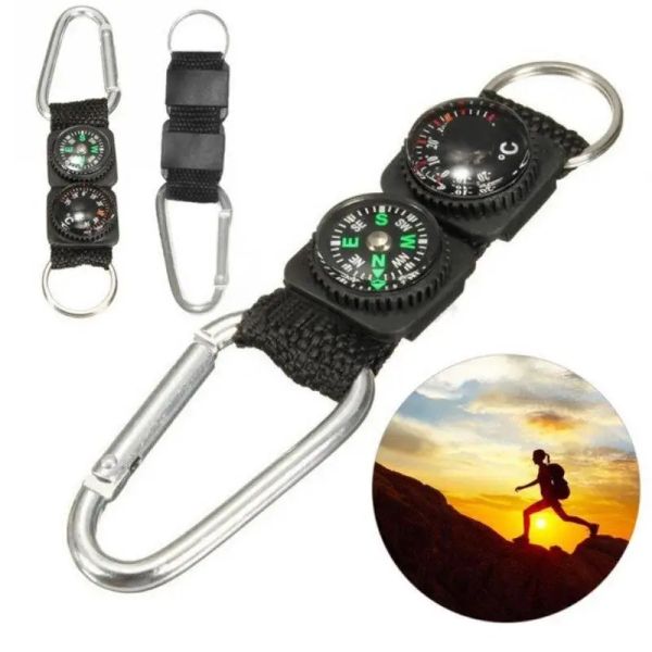 Camping Camping Tools Outdoor Multibasses Poininter Mini Keychain Metal Climbing Thermomètre Compass Key Hook Sports Accessoires