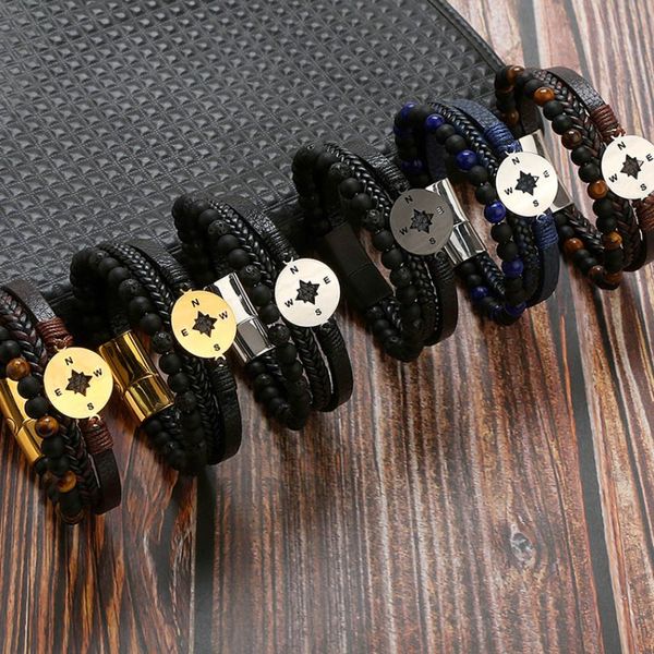 Pulsera con cuentas de ojo de tigre con dije de brújula, cierre magnético de acero inoxidable, pulseras de cuero trenzado genuino multicapa, brazalete, pulsera para hombres, joyería de moda