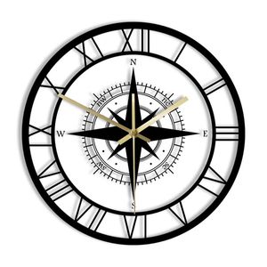 Boussole Direction Carte Exclusif Horloge Murale Silencieuse Nautique Noir Rose Des Vents Décor À La Maison Voyageur Design D'intérieur Rétro Montre 220606