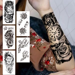 Boussole demi manches tatouages temporaires pour femmes hommes adulte noir croix tatouage autocollant réaliste faux Lion Tatoo oiseau horloge fleur