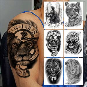 Brújula León tatuaje temporal para hombres mujeres niños niñas Tigre Animal tatuaje pegatina negro falso Guerrero alas tatuajes papel