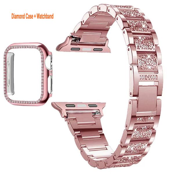 Compatible con Apple Watch banda 49 mm 45 mm 44 mm 42 mm 40 mm 38 mm banda de metal con funda Bling Series 8 7 6 5 4 3 2 Glitter Diamond Bumper Case con correa ligera a prueba de golpes