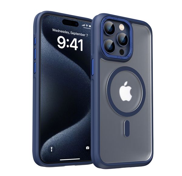 Compatible avec la charge sans fil Magsafe, le boîtier translucide mat givré magnétique pour iPhone 15 Pro Max 14 13, cadre de caméra en métal et boutons du téléphone dur