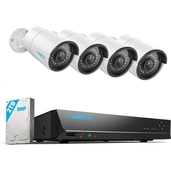 Compléter le système de caméra de sécurité de surveillance à la maison 8CH 5MP avec 4 caméras IP POE en plein air câblées 5MP, détection de personne / véhicule, 4K 8ch NVR, HDD 2TB pour l'enregistrement 24/7