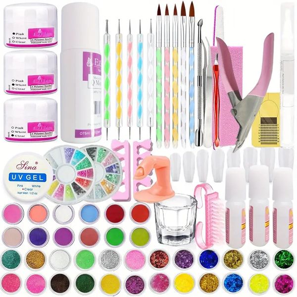 Kit complet en acrylique - 36 couleurs, liquide, paillettes, fichier, conseils français plus - parfait pour les professionnels des débutants!