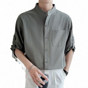 Complet élégant Gentleman col Mandarin Dr chemises grande taille Cott lin élégant vêtements pour hommes 2023 coréen Fi Tops B4KJ #