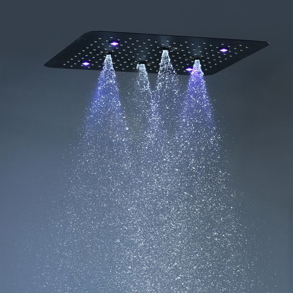 Ensemble complet de douche noir mat avec lumières multifonctions à DEL Plafond dissimulé Grande pomme de douche à effet pluie Cascade Système de bain thermostatique brumeux