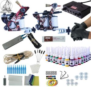 Complete tattoo-set 2 pistolen Onsterfelijke kleureninkten Voeding Tattoo-machines Naalden Accessoires Kits Permanente make-upkit5613823