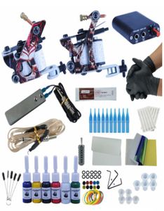 Complete Tattoo Machine Kit Set 2 Coils Guns 6 Kleuren Zwart Pigment Sets Power Tattoo Beginner Grips Kits Permanente Make-up6461733