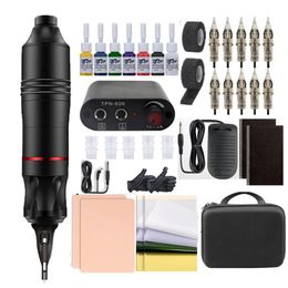 Kit complet de stylo de tatouage pour débutant avec alimentation de tatouage 7 couleurs d'encre Machine à tatouer pédale ensemble 10 pièces accessoires d'aiguille 240124