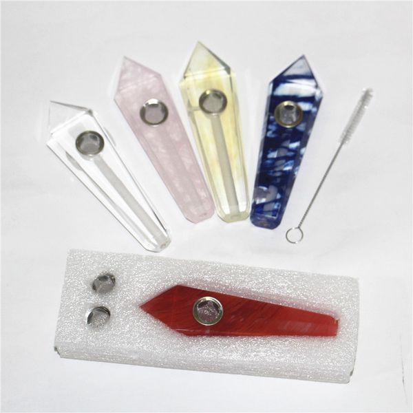 Variété complète Pipes à fumer en cristal de quartz naturel Baguette en pierre d'énergie Points de tour d'obélisque de guérison Pipe à tabac en pierres précieuses avec boîte-cadeau Embouchure en silicone bong