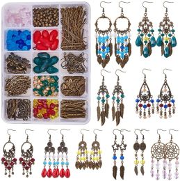 Composants 1 boîte de bricolage 10 paires de lustres, kit de fabrication de boucles d'oreilles bohèmes, connecteur de boucles d'oreilles de lustre, résultats de charme, sans nickel, perles assorties