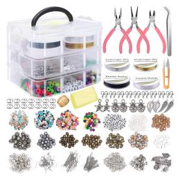 Composants 1171 pièces Kit de perles avec crochets de boucles d'oreilles perles d'espacement pendentifs breloques anneaux de saut pour