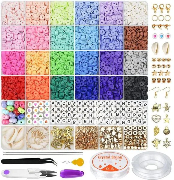 Componentes Juego de cuentas de arcilla polimérica de 6 mm, 24 cuentas de chip plano de color arcoíris para pulsera bohemia, collar, fabricación de cuentas de letras, kit de accesorios Diy