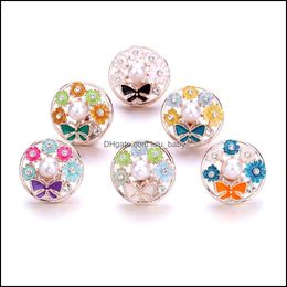 Componentes Colorf Butterfly Flower Crystal Snap Botón Joyería Sier acrílico Pealr de 18 mm Botones de ajuste Baczamiento de brazalete Noosa Dhxbd