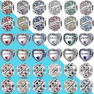 Composants Breloque Pierre de Naissance Ronde Argent 925 Compatible Bracelet Original DIY Octobre Août Mars Avril Juillet Janvier Forme de Coeur