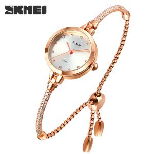 Componentes Diseño de brazalete de marca Skmei Relojes de muñeca de marcación pequeña para mujeres con oro de oro rosa+banda de acero Lady Watches Reloj Mujer