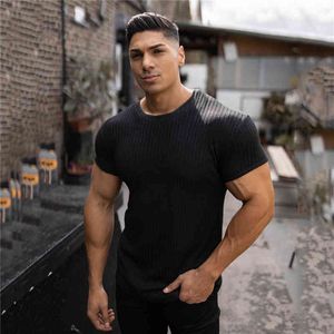 Compressie Gebreide T-shirt Mannen Running Sport Skinny Korte Mouw Tee Shirt Gym Kleding Fitness Bodybuilding Workout Zwart Tops 210421