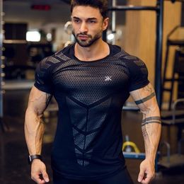 Compression séchage rapide T-shirt hommes course Sport maigre court T-shirt mâle Gym Fitness musculation entraînement hauts noirs vêtements