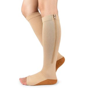 Calcetines de compresión para hombre y mujer, medias elásticas finas antifatiga con cremallera en la rodilla, con punta abierta, Unisex