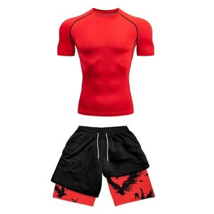 Compressie sportkleding fitness set heren snel drogen compressie shirt mym shorts 2 stcs voor hardloopoefening 240521