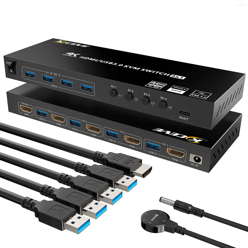 Cabos de computador 4 portas suporte USB 3.0 KVM Switch Hub HDR EDID HDMI em 1 saída e para impressão de teclado e mouse