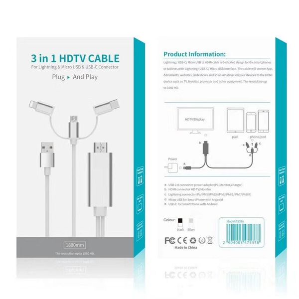 Cables de computadora para conectores de iPhone Android Tipo-C para el teléfono móvil HDMI HD Line 3-in-1 con la misma línea de proyección de línea de pantalla