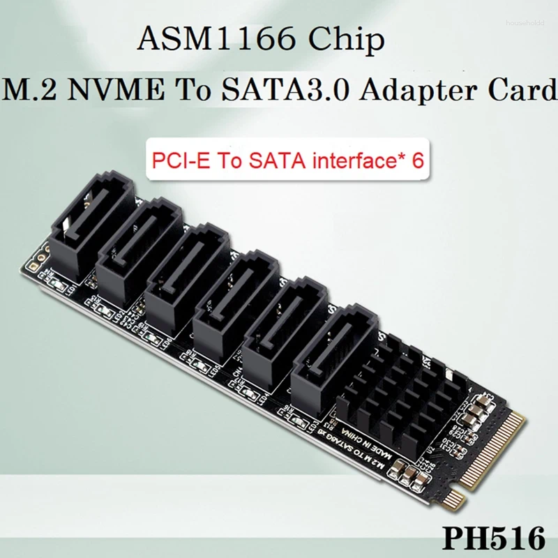 Computerkabel M.2 MKEY PCI-E-Riser-Karte NVME zu SATA3.0 PCIE SATA 6Gpbsx6-Port-Erweiterung ASM1166 unterstützt PM-Funktion