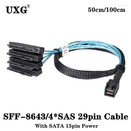 Cables de computadora SAS SATA SFF-8643 a 4 SFF-8482 Conector interno Mini HD de 29 pines con puerto de alimentación de 15 pines Cable de 12 GB / S