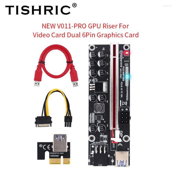 Câbles d'ordinateur TISHRIC PCIE Riser 011 V011 Pro PCI E Express PCI-E 16x carte vidéo GPU double adaptateur 6Pin graphiques pour l'exploitation minière