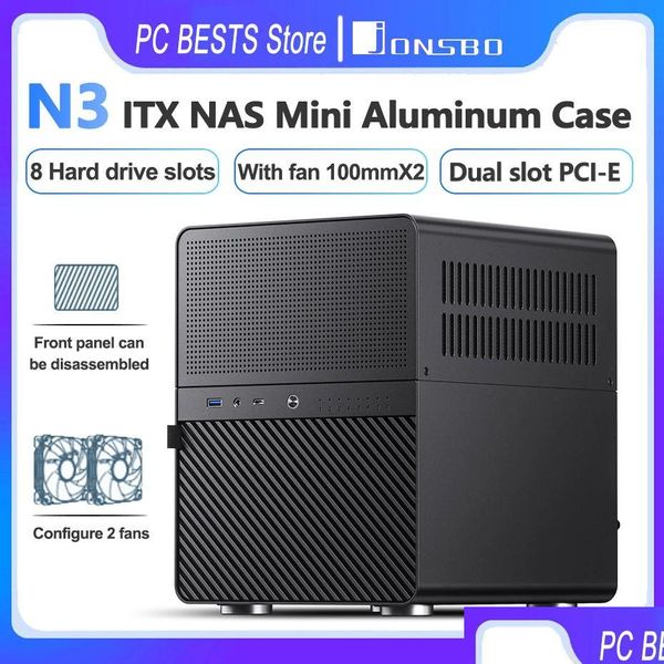 Cas d'ordinateurs Towers Jonsbo N3 NAS ITX MINI CAS ALLINONE Aluminium Office Bureau de bureau CHASSIS 8 Disque dur emplacement Prise en charge des graphiques 250 mm OTXEV