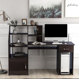 Bureau d'ordinateur, mobilier de chambre multifonctions avec armoire (expresso), style moderne et simple, cadre en métal noir, marron rustique