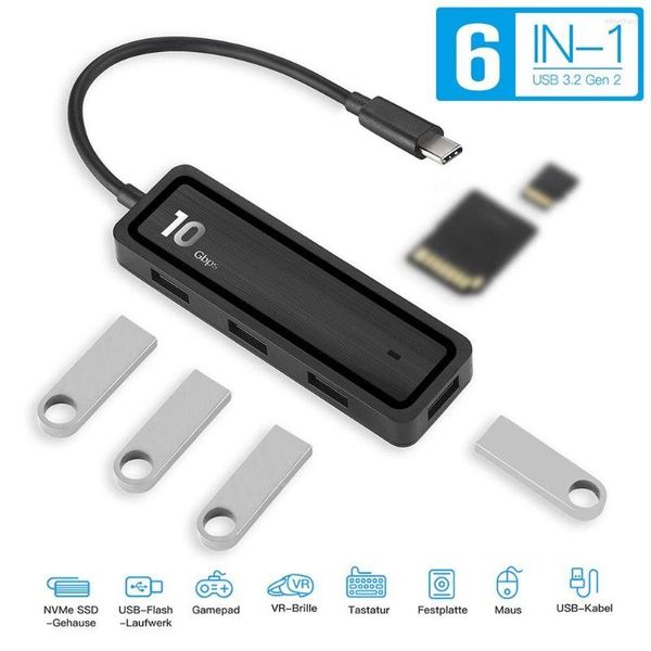 Lecteur de carte mémoire d'ordinateur 6 en 1 extenseur USB 10 Gbps 3.2 Type C Hub Transmission rapide des données répartiteur USB-C