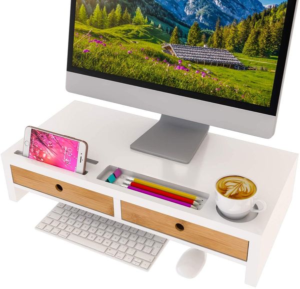 Support pour écran d'ordinateur avec tiroirs – Bois blanc pour imprimante d'écran d'ordinateur portable, TV Riser 22,05 L, 10,60 W, 4,70 H, organiseur de bureau à domicile