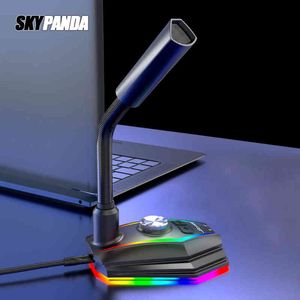 Microphone USB pour ordinateur, Base RGB, carte son HD avec haut-parleur, prise casque, lecteur gratuit, réduction du bruit, récepteur rotatif